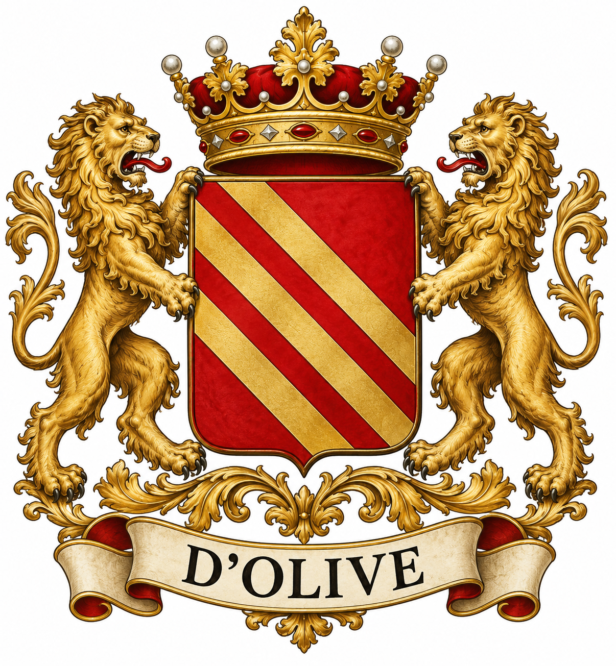 D'Olive Coat of Arms — Gules with three gold bands, marquis crown, two lion supporters